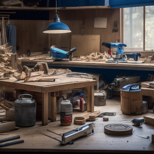 An organized workshop with various splitting tools, including a miter saw, circular saw, and jigsaw, arranged on a wooden workbench amidst scattered wood shavings and renovation blueprints.