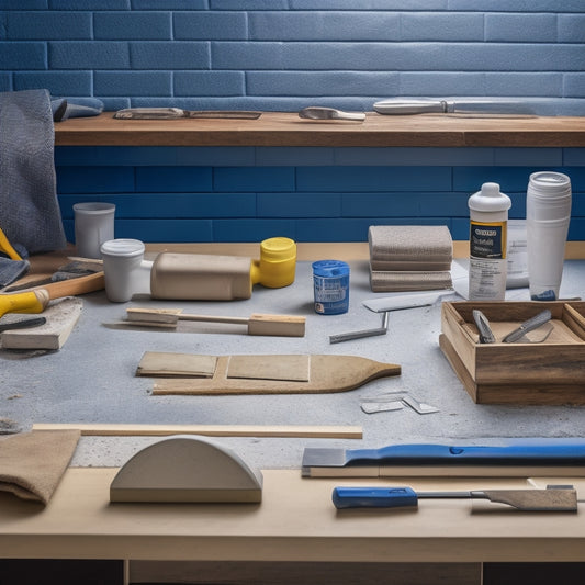 An image depicting a workbench with various joint filling tools, including a grout float, putty knife, and caulk gun, surrounded by renovation materials like tiles, wood, and drywall.