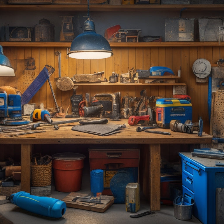 A cluttered workbench with a variety of renovation tools, including a cordless drill, level, tape measure, and wrench, surrounded by scattered blueprints and a half-built wooden cabinet.