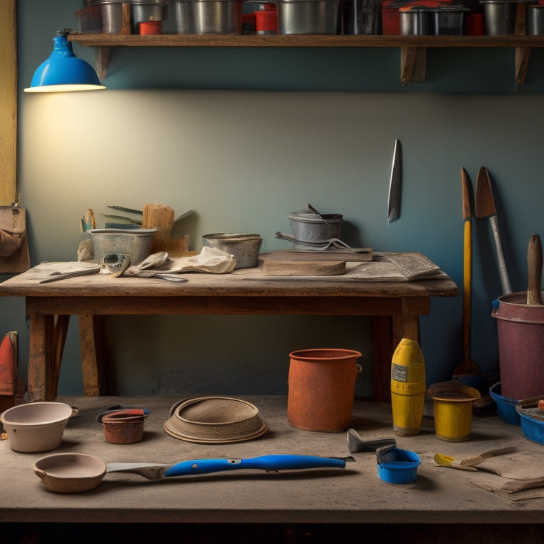 A tidy workshop table with a array of organized plastering tools: a hawk, trowel, putty knife, joint knife, utility knife, and mixing bucket, with a partially plastered wall in the background.