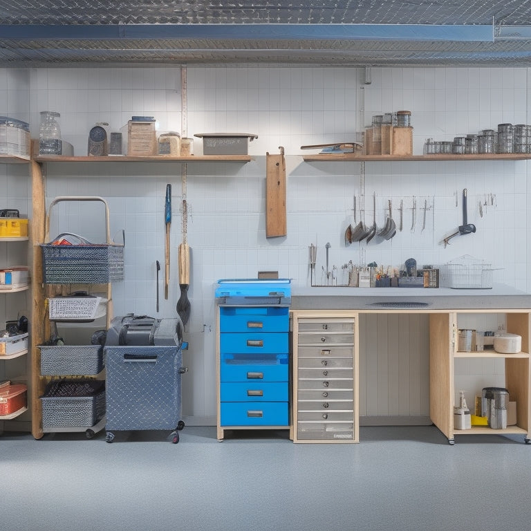A tidy, well-lit workshop with a pegboard adorned with neatly hung tools, a labeled storage cabinet, and a rolling toolbox with organized compartments, set against a clean, gray concrete floor.