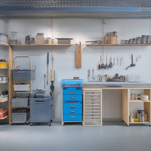 A tidy, well-lit workshop with a pegboard adorned with neatly hung tools, a labeled storage cabinet, and a rolling toolbox with organized compartments, set against a clean, gray concrete floor.