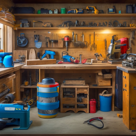 A cluttered but organized DIY workshop with a wooden workbench, various power tools (circular saw, drill press, impact driver), a level, a tape measure, and a partially renovated room in the background.