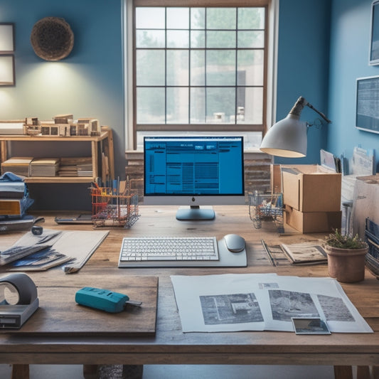 A tidy, modern workspace with a large, wooden desk in the center, surrounded by organized stacks of blueprints, laptops, and various renovation tools, with a subtle, blurred background of a construction site.