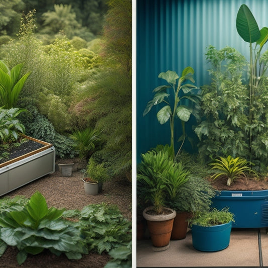 A split-screen illustration comparing a chaotic, overgrown DIY planter with a lush, thriving one, showcasing a modern irrigation system with pipes, sensors, and a timer.