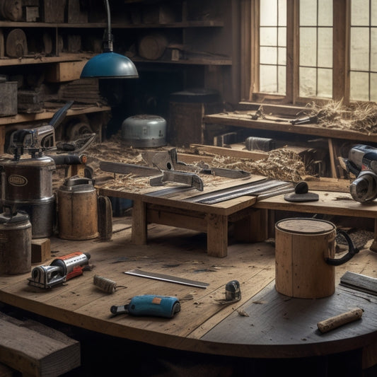 A cluttered workshop table with various saws scattered around, including a circular saw, jigsaw, reciprocating saw, and miter saw, surrounded by half-cut wood planks, measuring tapes, and scattered wood shavings.