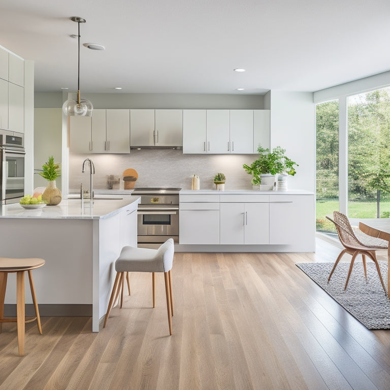 A modern, bright, and airy living room with a renovated kitchen in the background, featuring a large quartz island, hardwood floors, and sleek, stainless steel appliances.