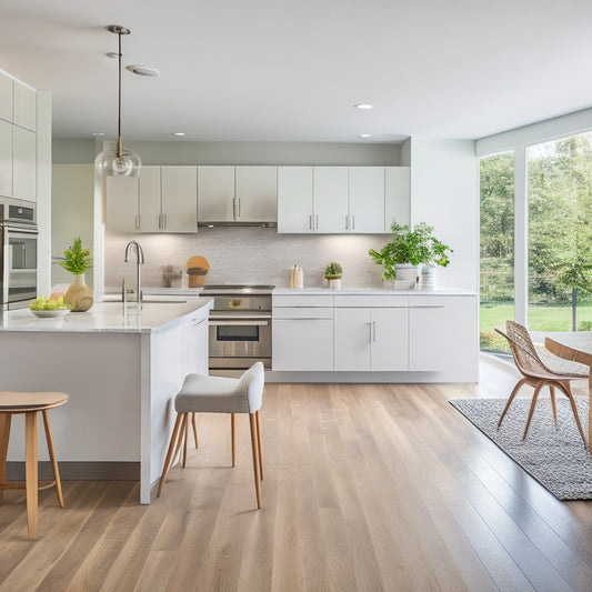 A modern, bright, and airy living room with a renovated kitchen in the background, featuring a large quartz island, hardwood floors, and sleek, stainless steel appliances.