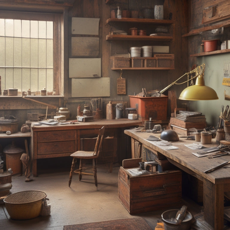 A cluttered workspace with a mix of old, rusty tools and new, sleek ones, with a renovated room in the background, featuring a perfectly installed wooden floor and a half-painted wall.