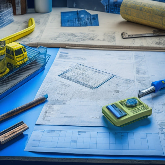 A cluttered construction site with scattered blueprints, tools, and materials, contrasted with a tidy and organized renovation plan on a clipboard, surrounded by a faint grid of checkboxes and timelines.