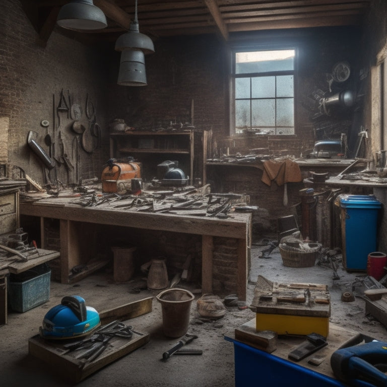 A cluttered workshop with various power tools and equipment scattered around, with a few tools broken or damaged, and a subtle background of a partially renovated room with exposed walls and pipes.