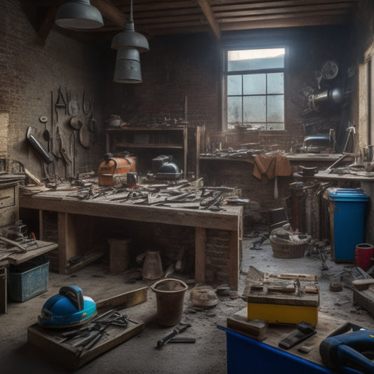 A cluttered workshop with various power tools and equipment scattered around, with a few tools broken or damaged, and a subtle background of a partially renovated room with exposed walls and pipes.