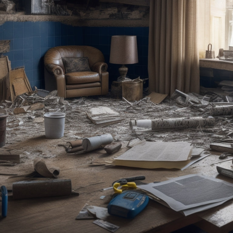 A cluttered living room with torn wallpaper, exposed wiring, and a demolished wall, surrounded by construction tools and insurance documents on a coffee table.