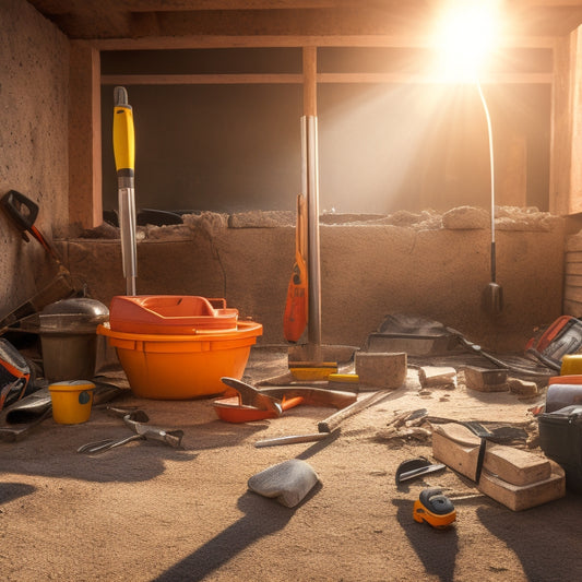A cluttered construction site with a half-renovated block wall in the background, surrounded by various tools like trowels, levelers, and safety gear, with a hint of sunlight peeking through.