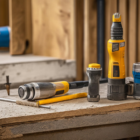 A close-up of a masonry bit, a hole saw, and a rotary hammer drill, arranged on a workbench with a block of concrete and a tube of sealant in the background.