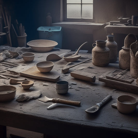A tidy workshop table with a variety of plastering trowels, each with a unique shape and size, laid out in a deliberate pattern, surrounded by scattered plaster dust and a few scattered tools.