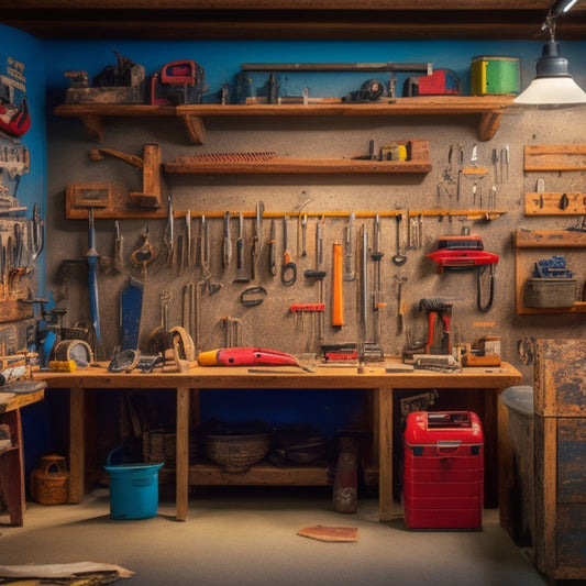 A cluttered, well-organized workshop background with various tools like drills, saws, hammers, pliers, and wrenches hanging from pegboards or sitting on shelves, with a faint blueprint or house outline in the background.