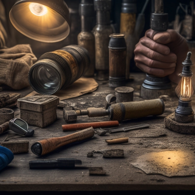 A close-up of a renovator's hands holding a flashlight, magnifying glass, and screwdriver, surrounded by samples of worn wood, rusty metal, and cracked tile, on a cluttered workbench.