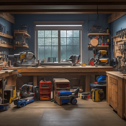 A well-lit, organized garage workshop with a variety of power tools, including a miter saw, impact driver, and circular saw, on a workbench surrounded by renovation materials and tools.