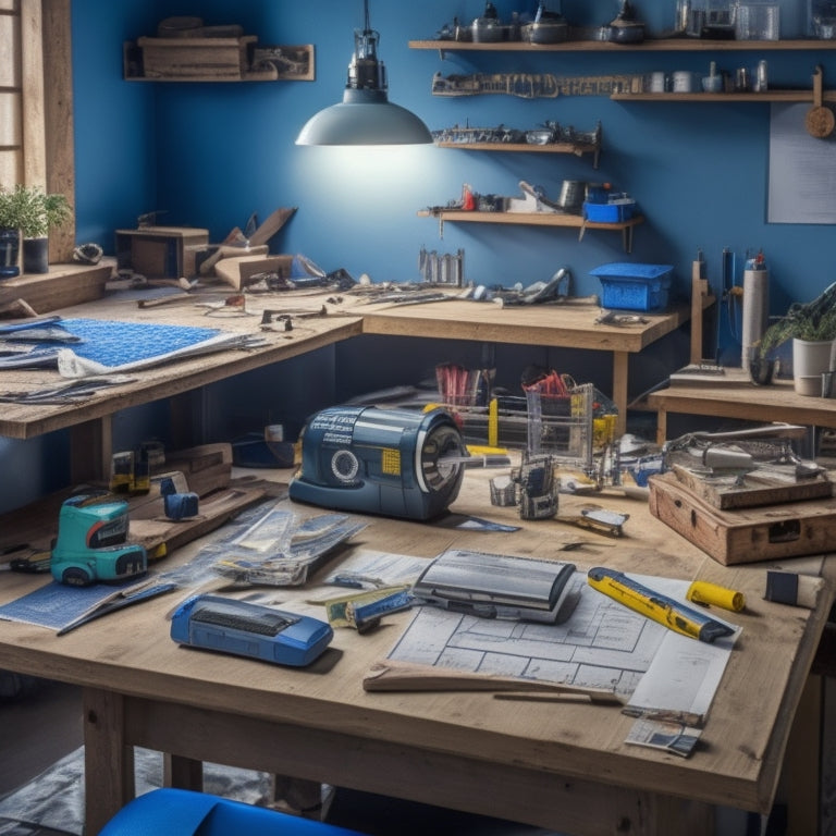 A clutter-free workbench with a tape measure, level, and laser distance meter laid out in a precise, organized manner, surrounded by faint blueprints and scattered renovation materials.
