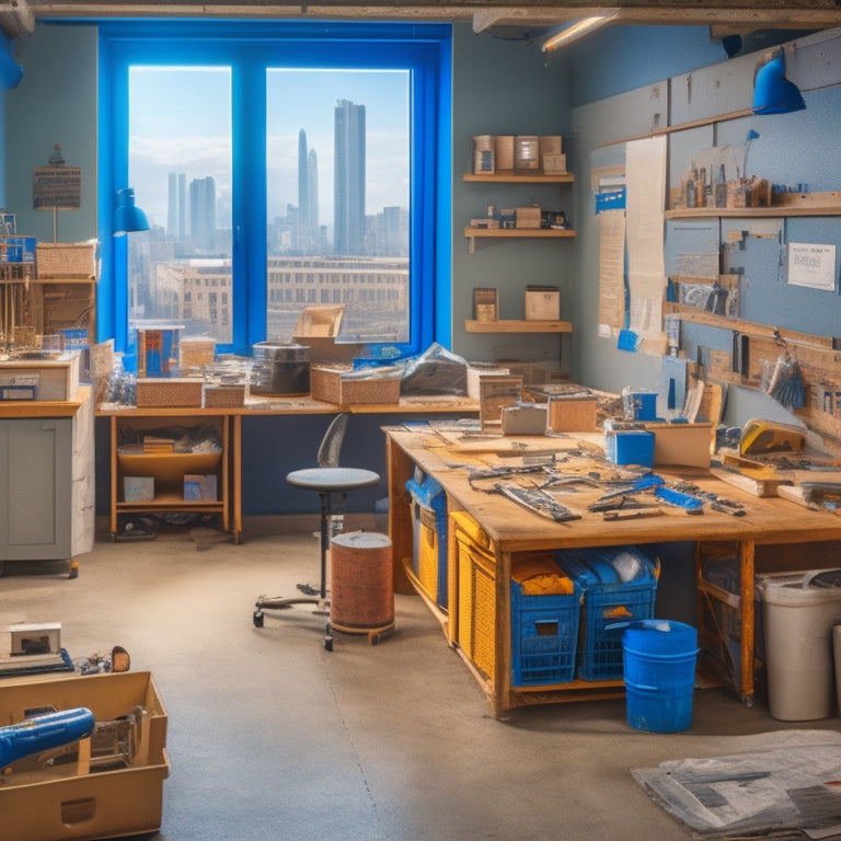 A cluttered renovation zone with scattered power tools, blueprints, and building materials, transformed into an organized space with labeled bins, a tidy workstation, and a cityscape background implying urban renewal.