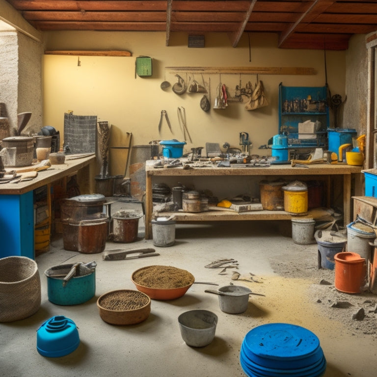A cluttered workshop with a cement floor renovation in progress, featuring a variety of tools including a mixer, trowel, grinder, and level, surrounded by bags of cement and scattered tools.
