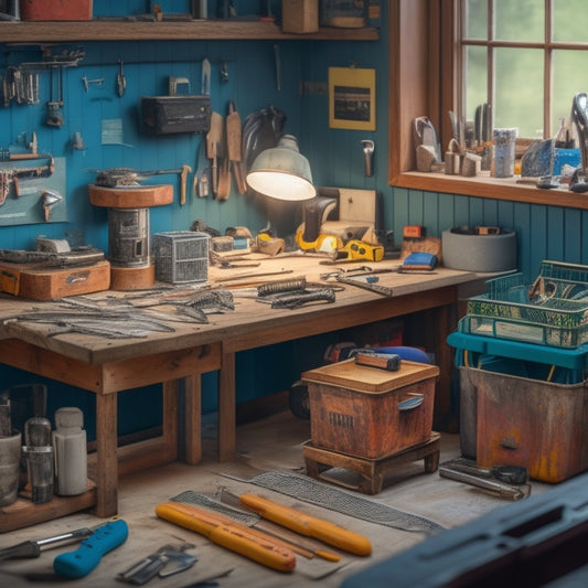 A cluttered, yet organized, workbench with various small renovation tools, including a cordless drill, level, tape measure, and pliers, surrounded by scattered blueprints and a miniature model of a house.