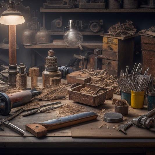 A cluttered, well-lit workshop table with a mix of refurbished and vintage tools, including a cordless drill, level, pliers, and wrench, arranged artfully among scattered wood shavings and nails.