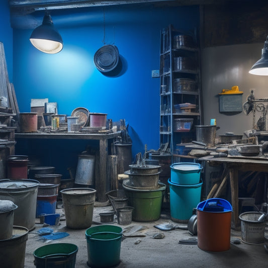 A cluttered, well-lit workshop with a variety of mixing buckets in the foreground, surrounded by renovation tools, paint cans, and scattered DIY project materials.