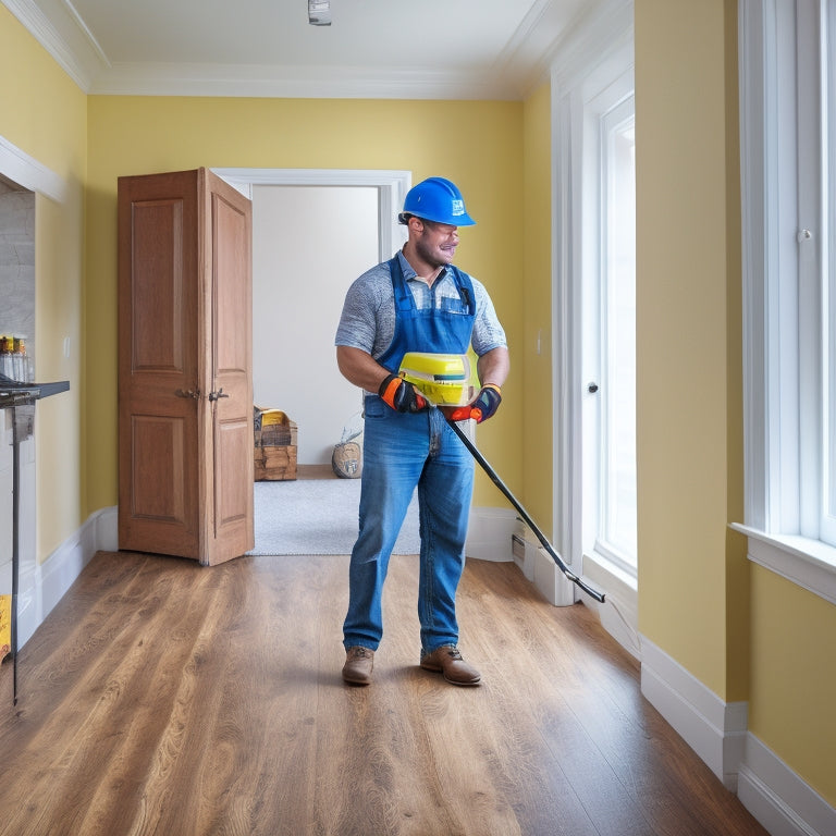 An image of a person wearing a yellow hard hat and holding a cordless edger, standing in front of a renovated room with perfectly trimmed baseboards and a clean, organized workspace.