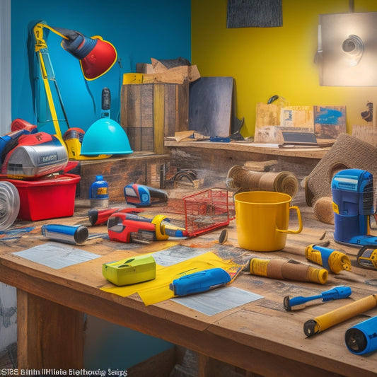 A cluttered home renovation workspace with various power tools and materials scattered around, surrounded by caution tape and warning signs, with a checklist clipboard in the center.