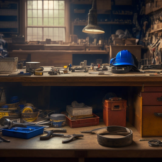 A cluttered workbench with scattered tools, measuring tape, and scattered renovation plans in the background, contrasted with a neatly organized toolbox in the foreground with labeled compartments.