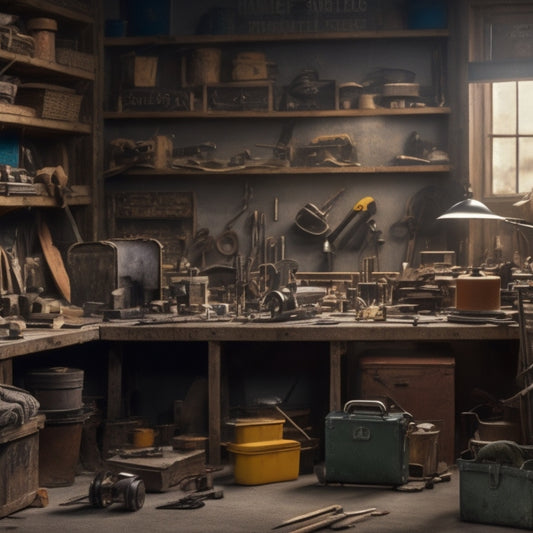 A cluttered workshop background with a central, open toolbox filled with organized rows of gleaming tools, surrounded by scattered renovation plans, measuring tapes, and a hard hat.