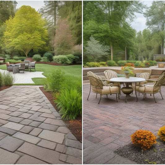 An image depicting a before-and-after comparison of a renovated paver patio, with a faded, cracked, and weed-infested area on the left and a restored, vibrant, and weed-free area on the right.