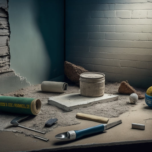 A cracked concrete wall with a small section sealed and patched, surrounded by renovation tools and materials, with a subtle background of a half-renovated room.