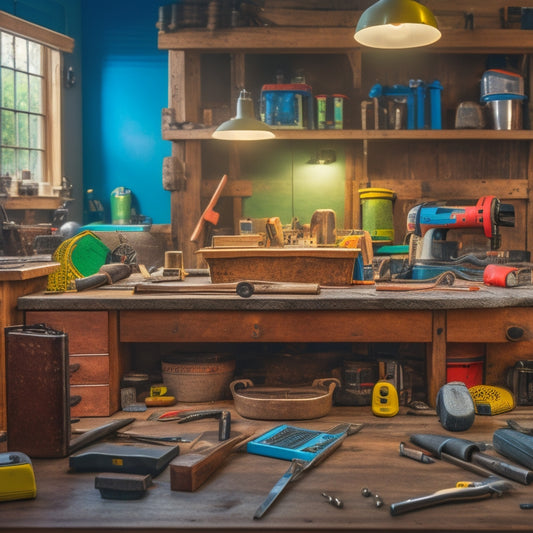 A cluttered workspace with scattered hammers, drills, and saws amidst half-finished renovation projects, contrasted with a tidy, organized toolbox and a smooth, finished renovation outcome in the background.