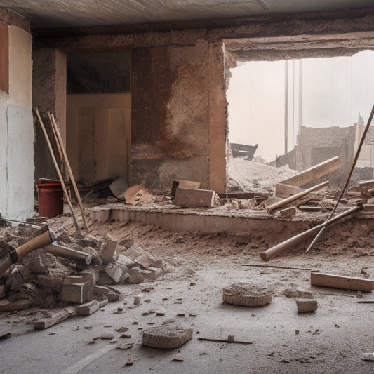 An image depicting a cluttered construction site with various demolition hammers scattered around, amidst broken concrete, torn drywall, and exposed wiring, with a subtle hint of a renovated room in the background.