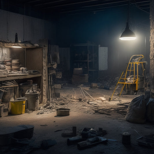 A dimly lit, cluttered construction site with scattered tools, broken tiles, and exposed wiring, contrasted with a tidy, well-organized area in the background, featuring labeled stacks of materials and a clear walking path.