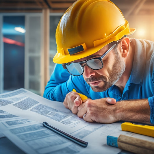 An image depicting a person in a hard hat and safety glasses, surrounded by various renovation tools and materials, holding a blueprint with a magnifying glass zoomed in on a detail, set against a blurred background of a renovated room.