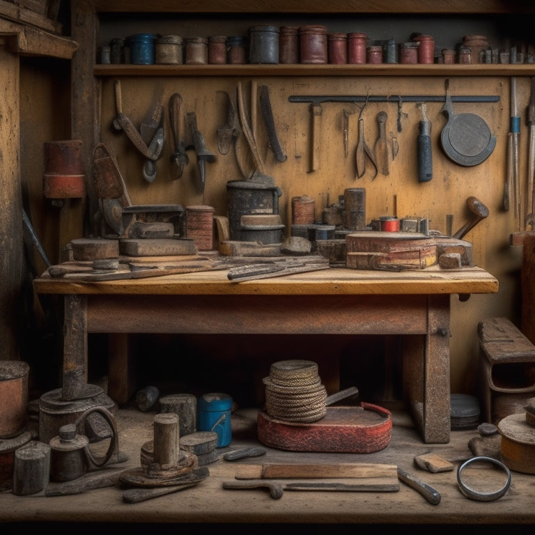 A cluttered workshop bench with a variety of hand tools organized by category, including a tape measure coiled around a wooden dowel, a hammer resting on a stack of worn wooden blocks, and a level hanging from a rusty nail.