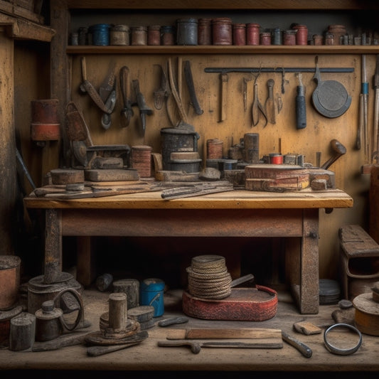 A cluttered workshop bench with a variety of hand tools organized by category, including a tape measure coiled around a wooden dowel, a hammer resting on a stack of worn wooden blocks, and a level hanging from a rusty nail.