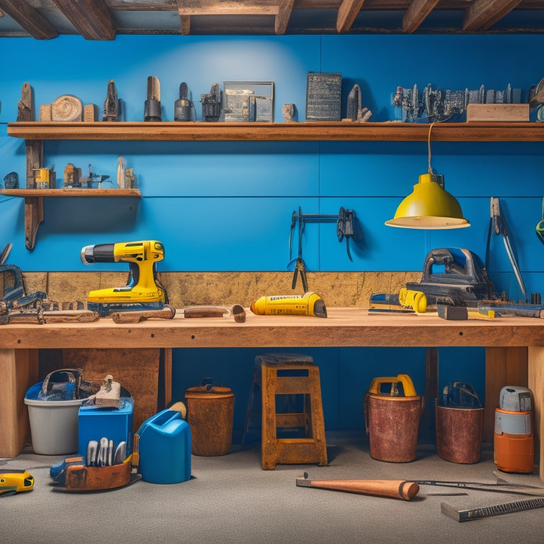 A clutter-free, well-organized workshop with a renovated block wall in the background, featuring a mix of power tools, hammers, and measuring tapes on a wooden workbench, surrounded by blueprints.