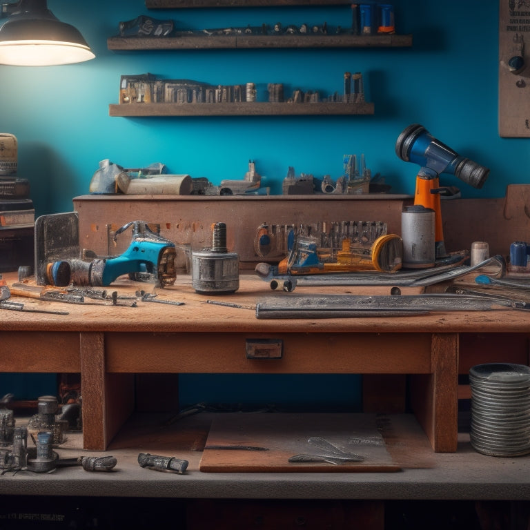 A cluttered workbench with three drills of different brands and sizes, surrounded by scattered screws, drill bits, and half-finished renovation projects, with a subtle background of a partially renovated room.