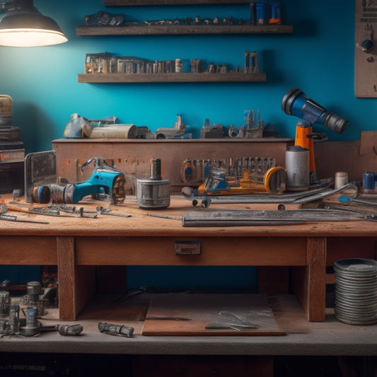 A cluttered workbench with three drills of different brands and sizes, surrounded by scattered screws, drill bits, and half-finished renovation projects, with a subtle background of a partially renovated room.