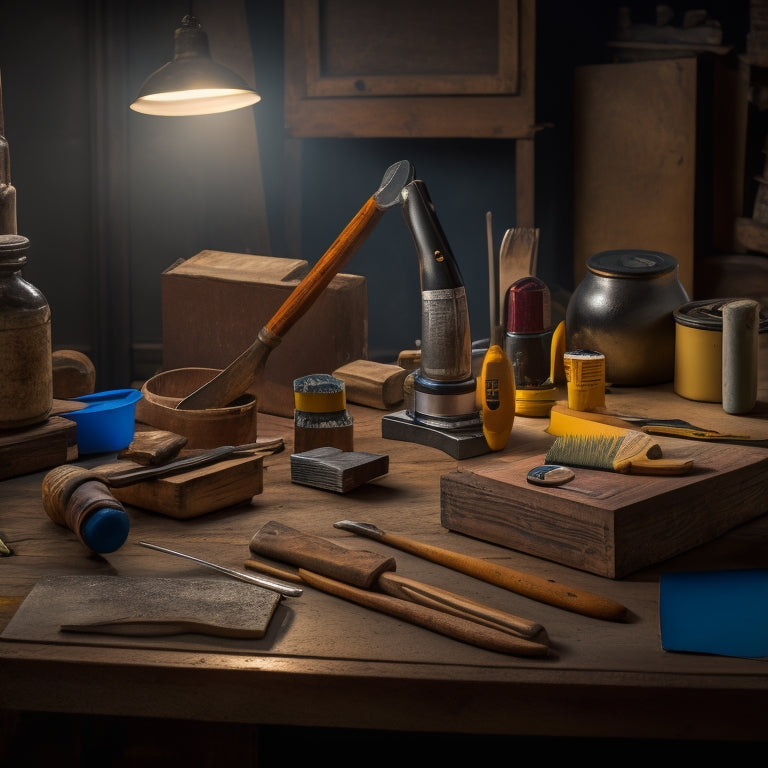 A well-lit workshop table with a variety of finishing tools, including a sanding block, putty knife, paintbrushes, a level, a hammer, and a tape measure, arranged in a neat and organized manner.