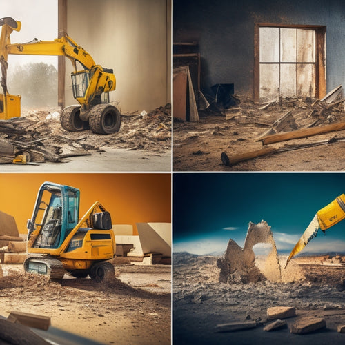 A messy construction site with a demolished wall, scattered debris, and a few saws scattered around, one being a circular saw with a diamond blade, another a reciprocating saw with a demo blade.