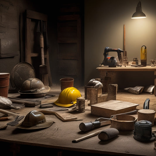 A well-lit workshop background with various plastering tools laid out, including trowels, floats, and hawks, with a checklist clipboard and a renovator's hard hat in the foreground.