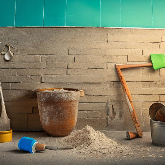 A cracked wall with a broken piece falling off, surrounded by scattered tools and a hammer leaning against a bucket of spackling compound, with a subtle hint of a renovation background.