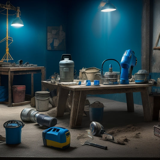 A cluttered workshop table with a concrete mixer, level, trowel, and cordless drill, surrounded by scattered blueprints, safety goggles, and a bucket of mixed concrete, with a dimly lit basement background.
