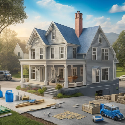 An illustration of a half-renovated house with blocks and puzzle pieces surrounding it, with a builder's tool belt and a blueprint in the foreground, and a subtle cityscape in the background.